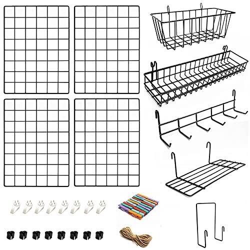 4 Pack Wire Wall Grid Panel With Accessories | Includes Hanging Baskets, Letter Sorter, Shelf & Hook Rack | Complete Set | Wire Notice Board | Ha